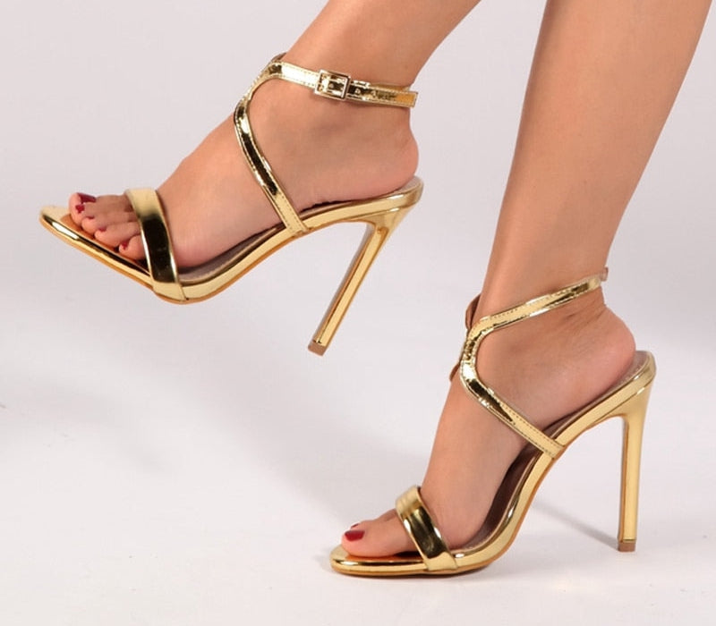 Ankle Strap Open Toe Gold Heels