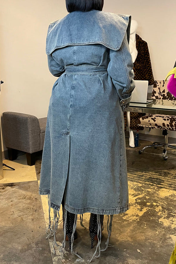 Statement Lapel Cape Double Breasted Lace-Up Denim Long Trench