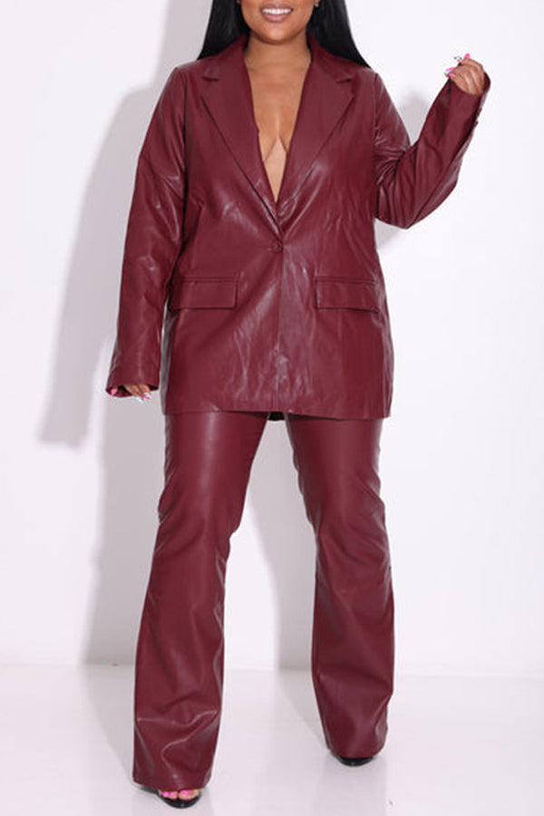 Stylish PU Leather Blazer & Boot Cut Pants Suit