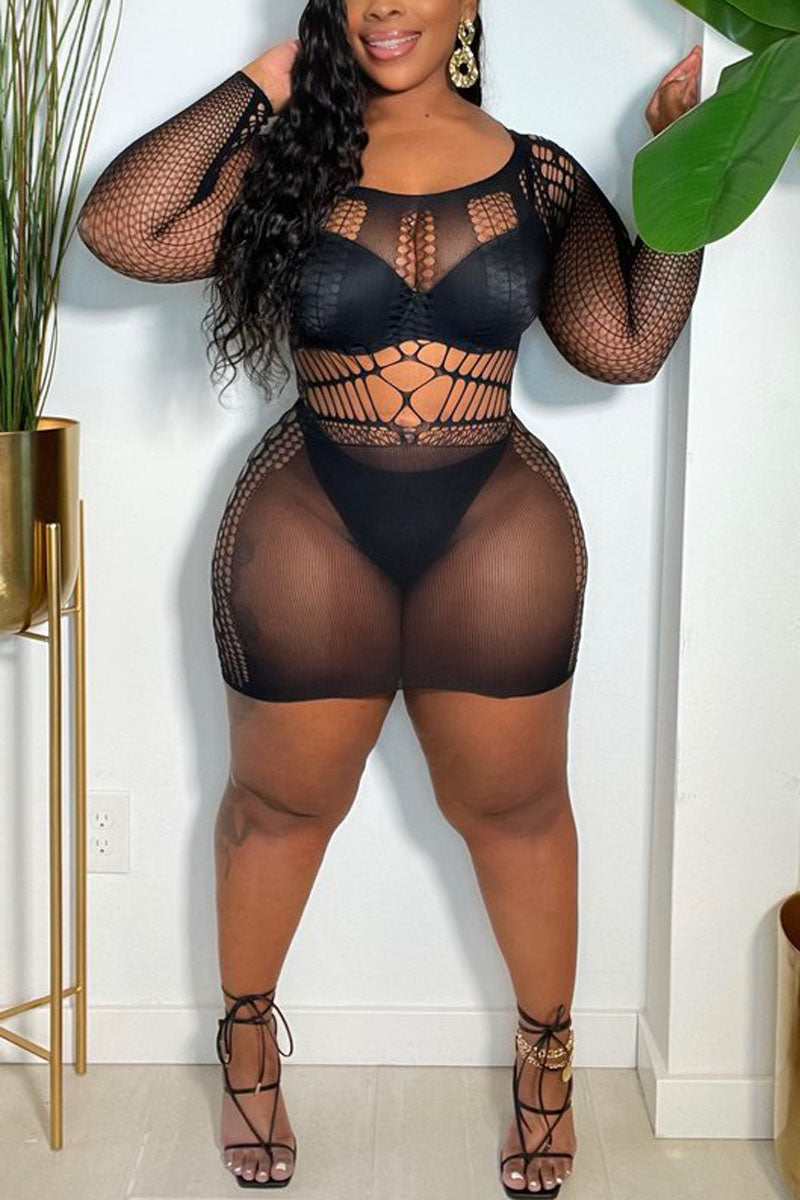 Plus Size Sexy See Through Hollow Out Mini Dress